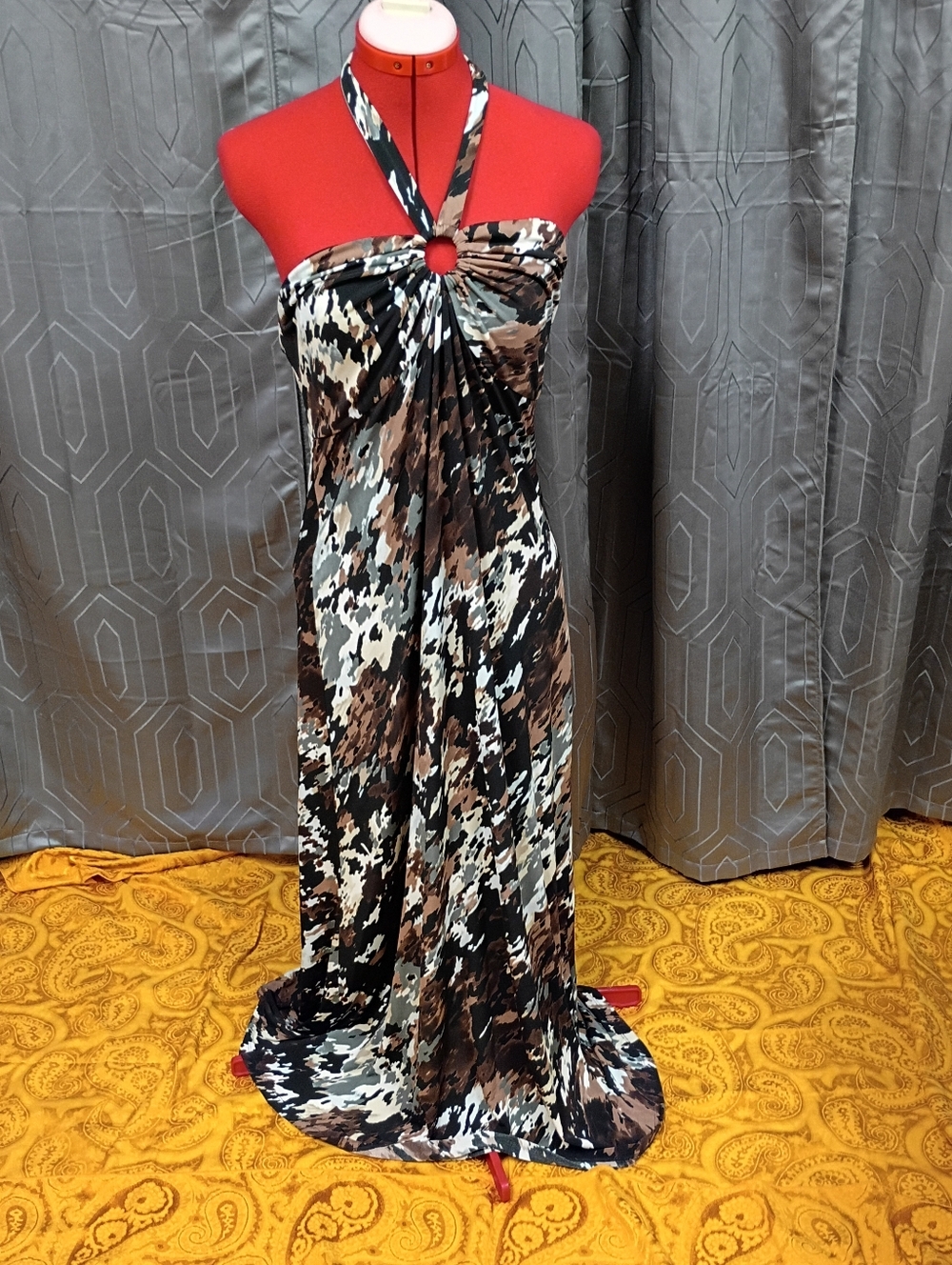 Saint Tropez Black & Brown Print Halter Maxi Dress Backless Size 14